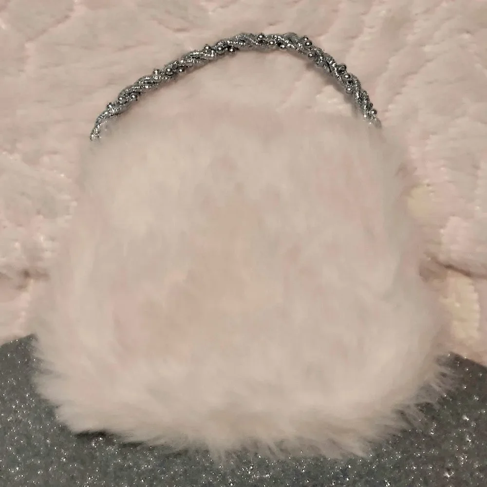 Soft White Faux Fur Purse Small Silver Handle Bling Detail Satin Lined Holiday